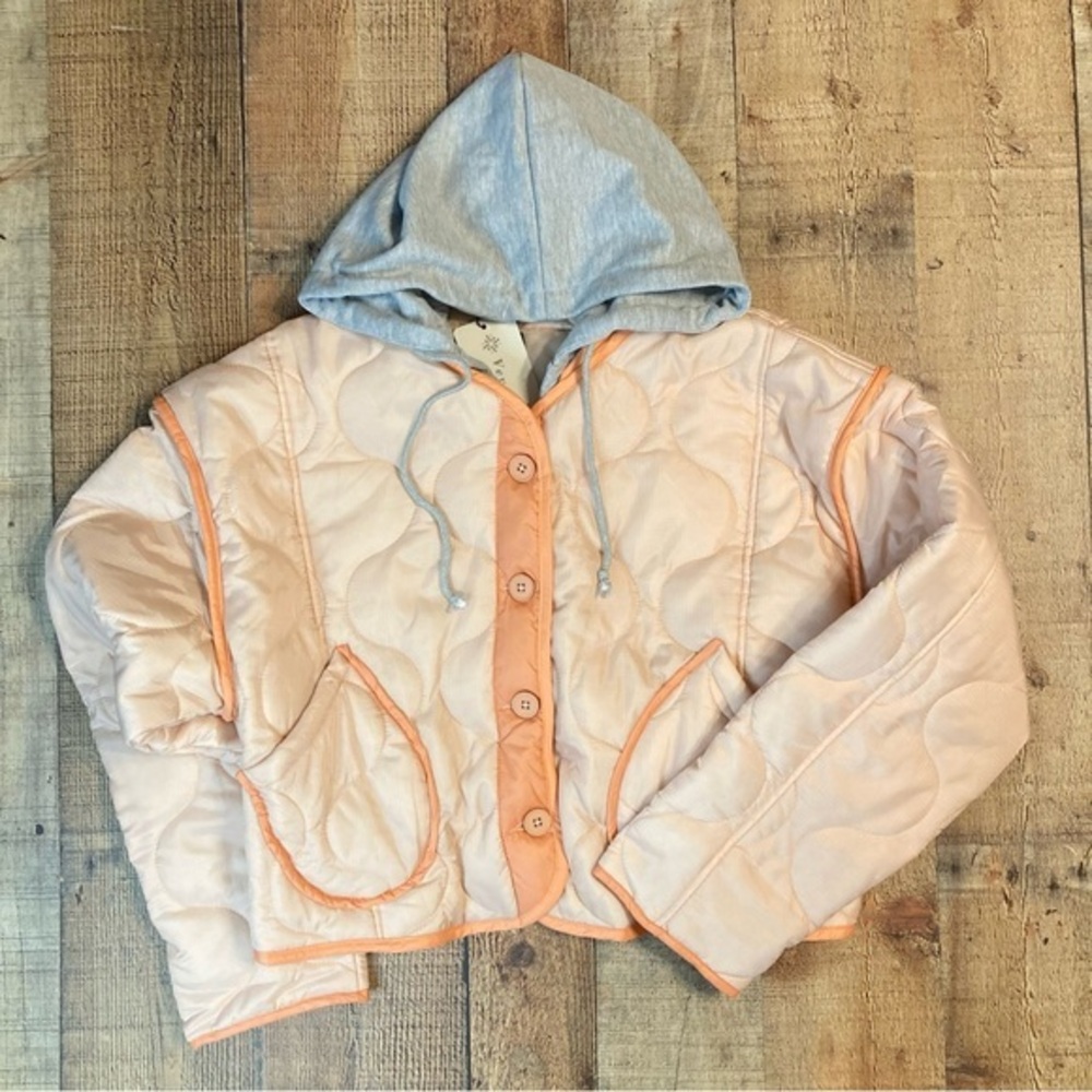 Veveret‎ Womens Quilted Hooded Jacket Peach Orange Ripstop VJ71707 Size L NEW